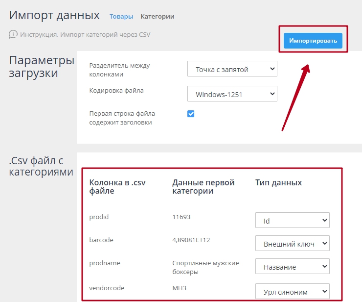 Открывается страница с предпросмотром загружаемых данных