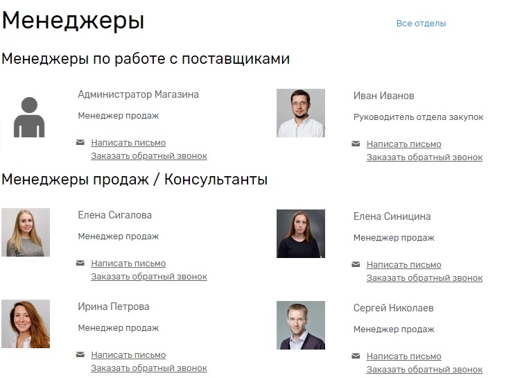 Отображение страницы менеджеров в клиентской части выглядит следующим образом