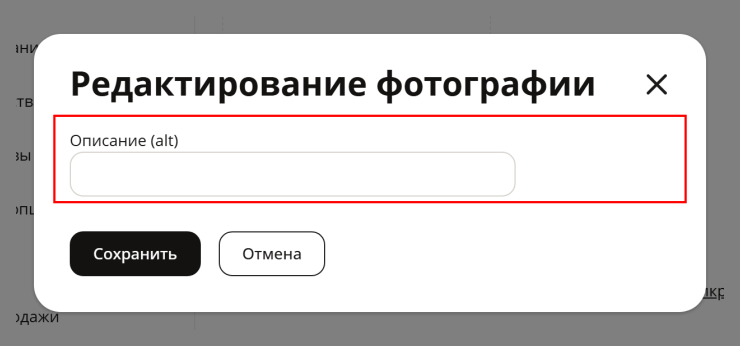 В открывшемся окне, поле “Описание (alt)”