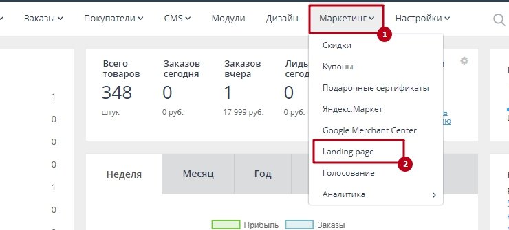 Для того, чтобы посадочные страницы были доступны для размещения, перейдите в раздел "Маркетинг"-"Landing page"