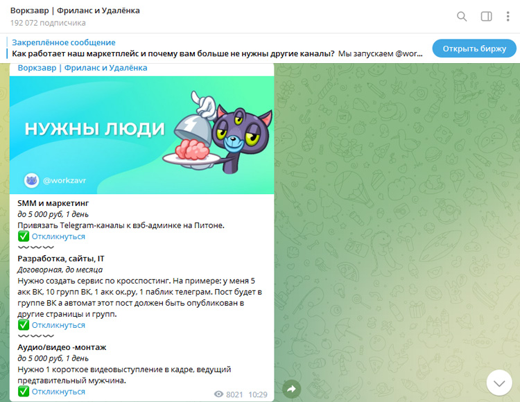 Пример ТГ-канала для поиска работников