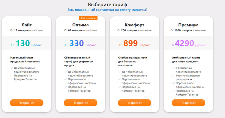Тарифы Ярмарки Мастеров
